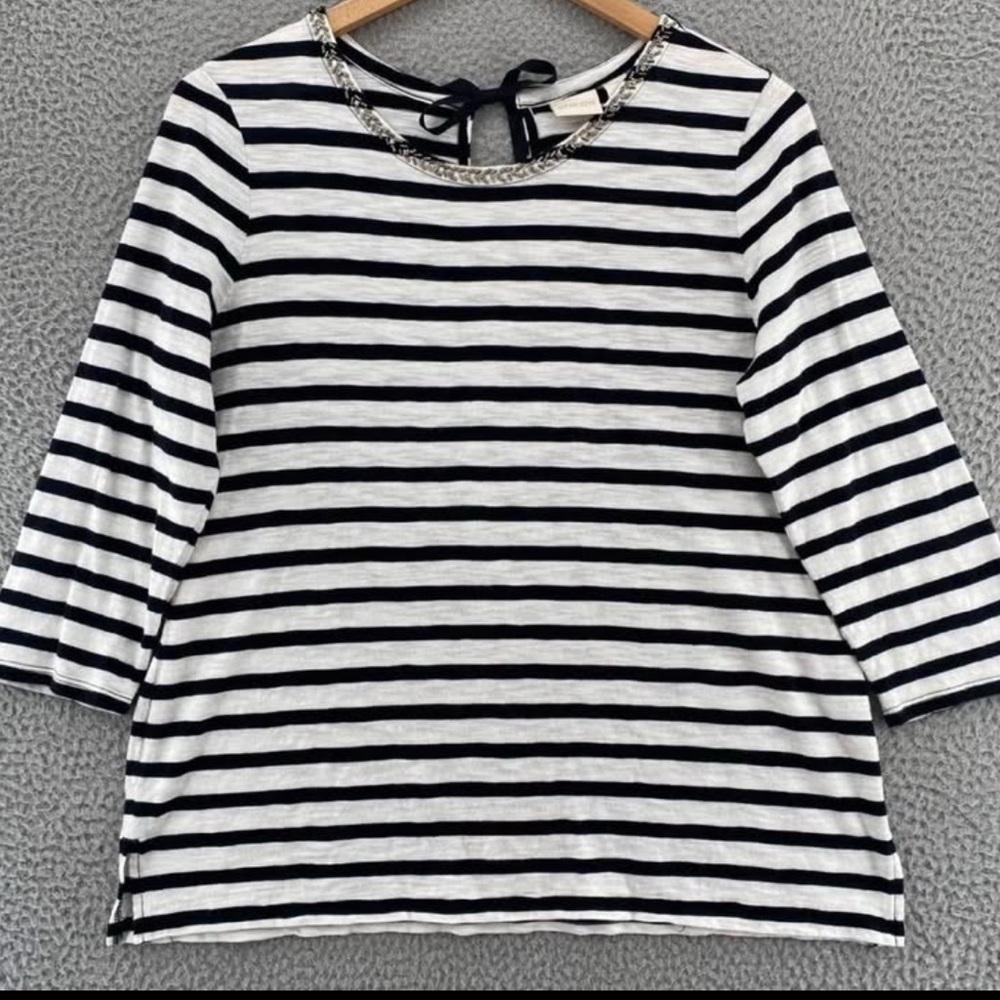 Chico's Black & White Rockstar Stripe Embellished Long Sleeve Top